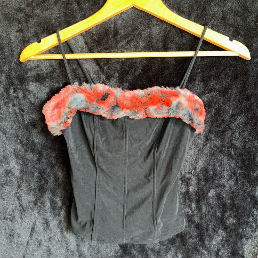 Janette rare top with red / black faux fur bust gothic sexy top Sz small